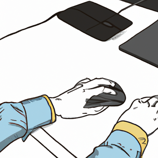 איור של אדם יושב ליד שולחן עם מחשב, תוך התמקדות במיקום היד תוך כדי שימוש בעכבר.