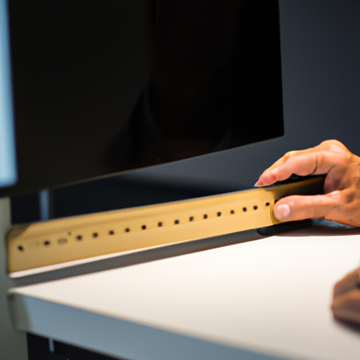 אדם מודד את שולחן העבודה שלו כדי לקבוע את גודל המסך המתאים