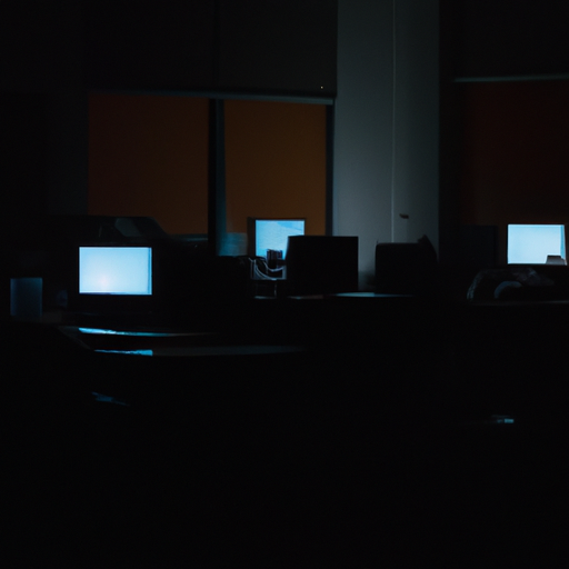 חלל משרדי חשוך בזמן הפסקת חשמל, עם מסכי מחשב כבויים